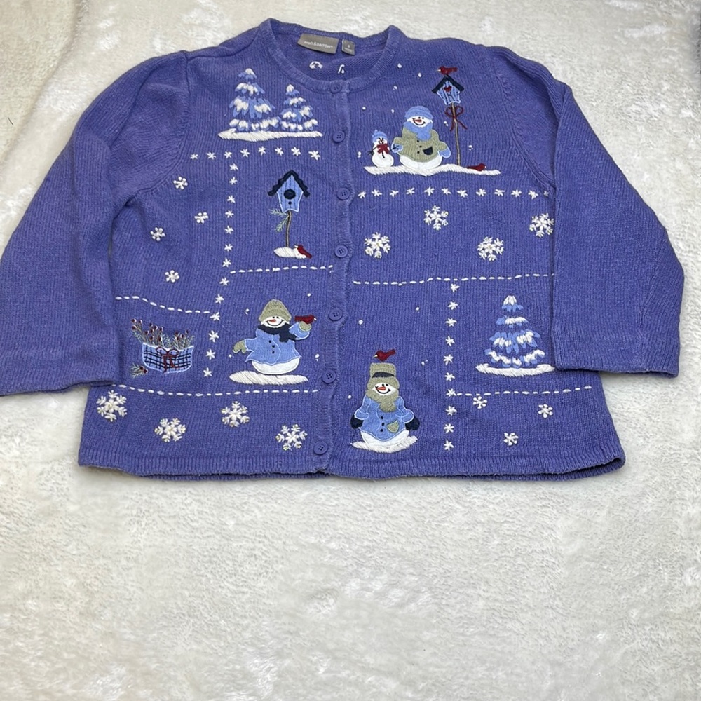 Croft & Barrow Purple Winter Holiday Snowmen Cardigan Size Small
